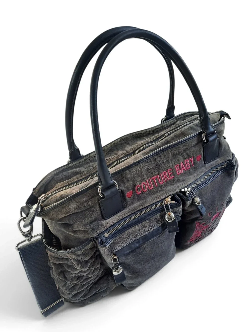 JUICY COUTURE Baby Bag Weekender Terry Velour Bib Duffle Crossbody Gray Pink Y2K